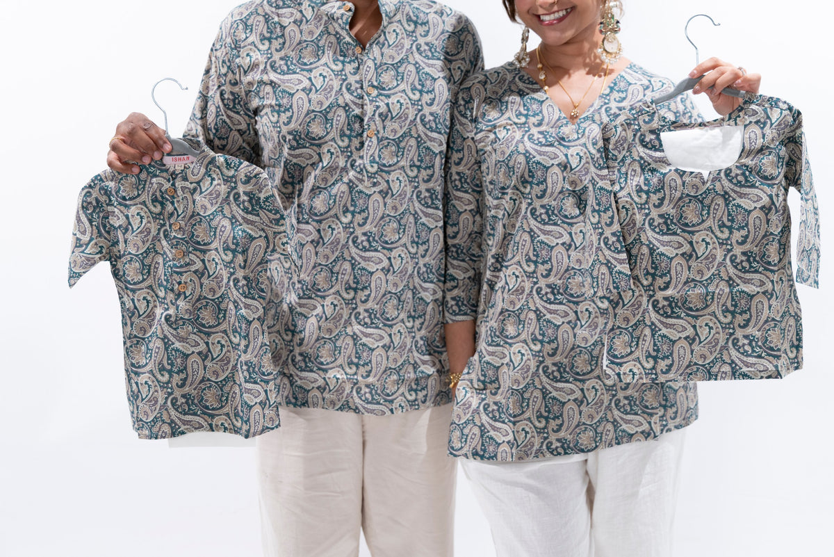 Muted Teal x Paisley Boys Cotton Kurta set with pants