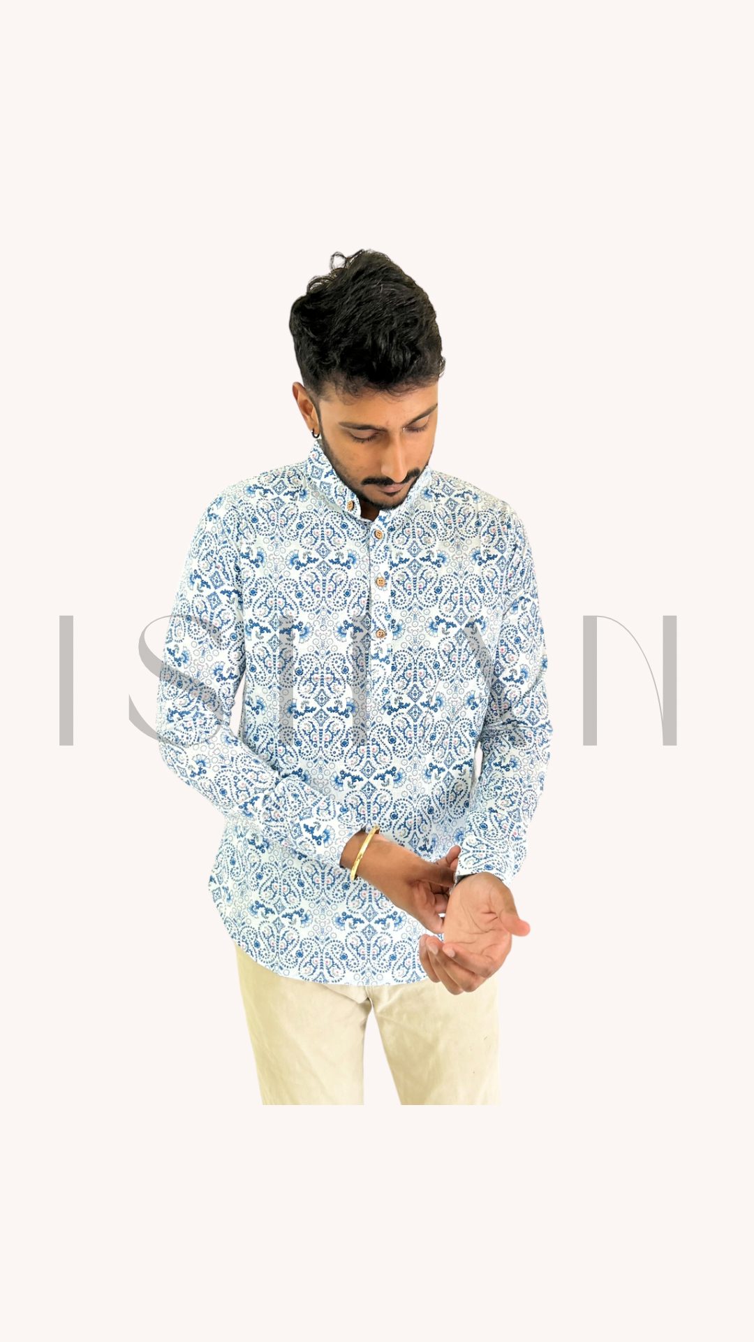 White with Blue Paisley Printed Cotton Kurta