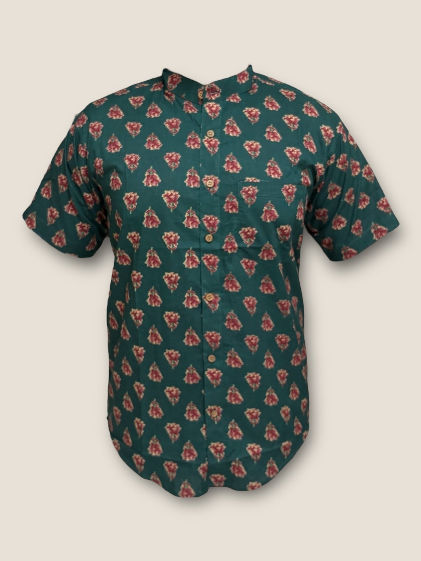Green Cotton Mandarin Collar Shirt