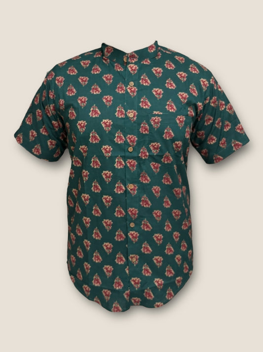 Green Cotton Mandarin Collar Shirt