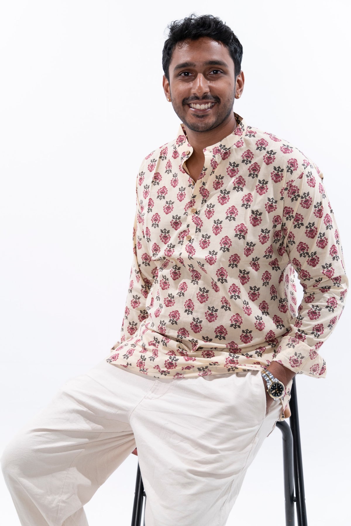 Off-White x Pink Florals Cotton Short Kurta