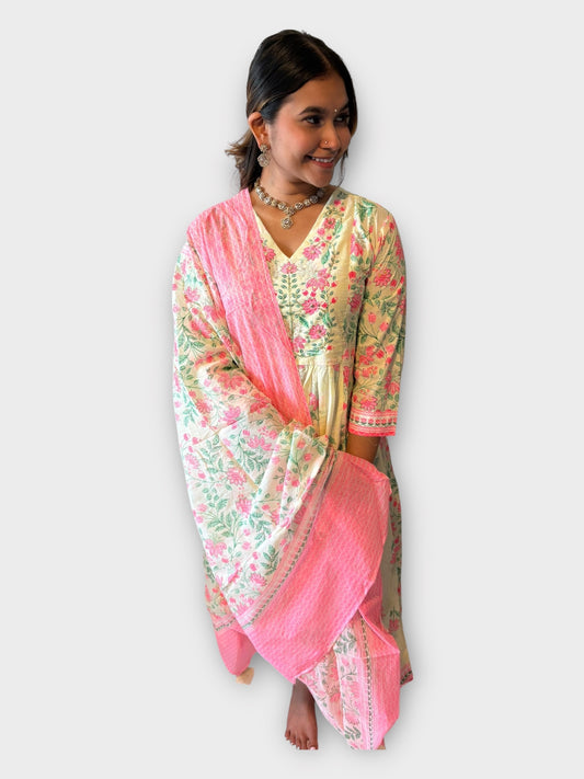 Light Pista Green x Pink Embroidered Cotton Suit