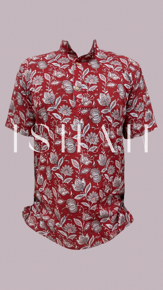 Red Floral Printed Cotton Kurta