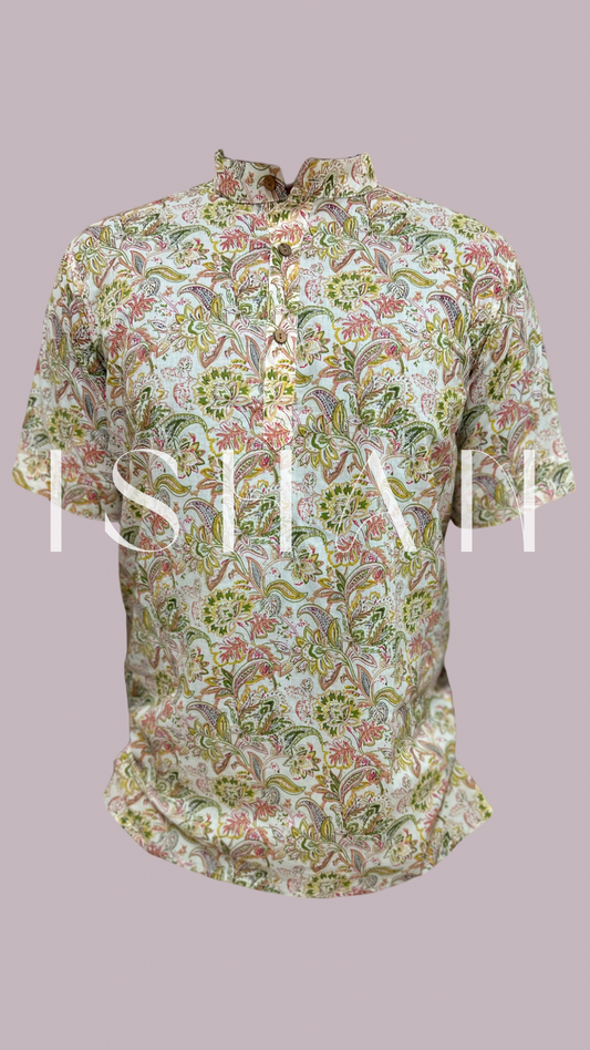 White Floral Printed Cotton Kurta